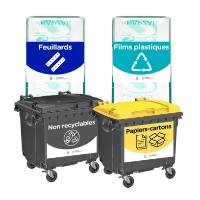 Solutions de collecte via conteneurs 1100 litres pour les déchets non recyclables et les papiers-cartons et via des sacs plastiques de 400 litres pour les films en plastique et les feuillards en plastique